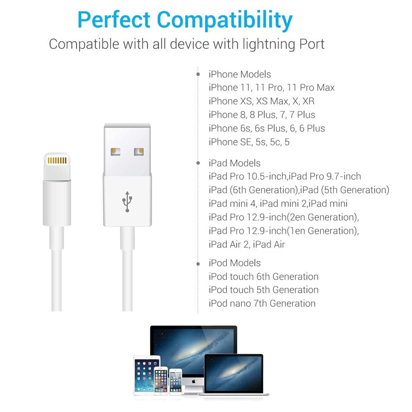 Apple Original Charger Cable, Lightning to USB Cable[Apple MFi Certified] Compatible iPhone 11/ X/8/7/6s/6/plus/5s/5c/SE,iPad Pro/Air/Mini,iPod Touch(White 1M/3.3FT) Original Certified
